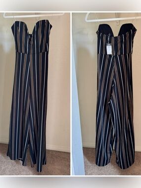 Rue21 Strapless Wide-Leg Jumpsuit in Black with Tan & White Stripes